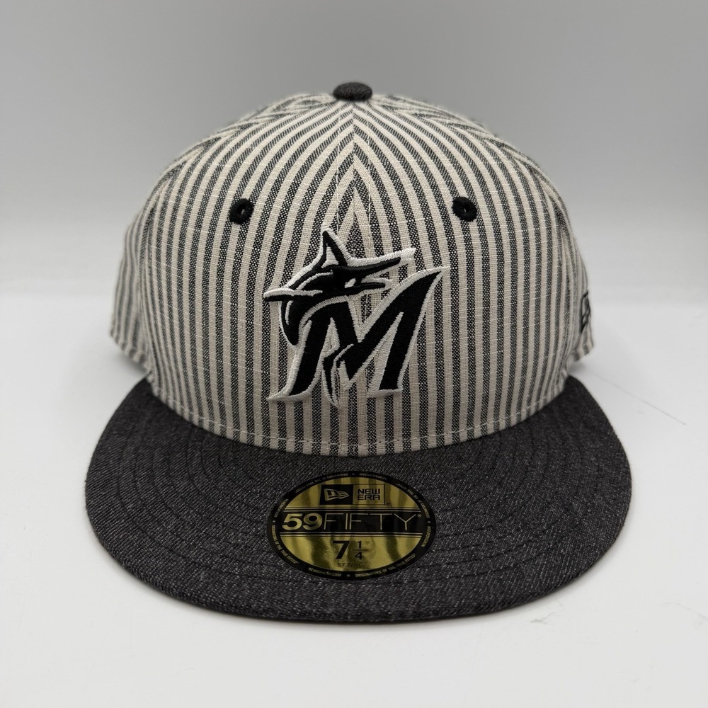 New Era 59Fifty‎ Miami Marlins Hat Cap 7 1/4 Fitted Striped Seersucker Grey MLB